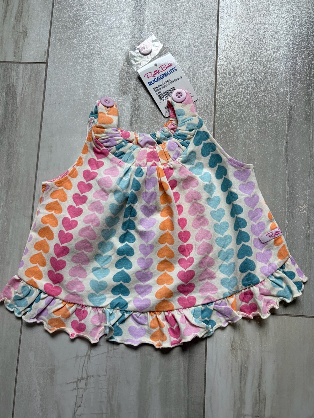 NWT RuffleButts Rainbow Hearts Sleeveless  Classic Ruffle Swing Top Girls 3-6M